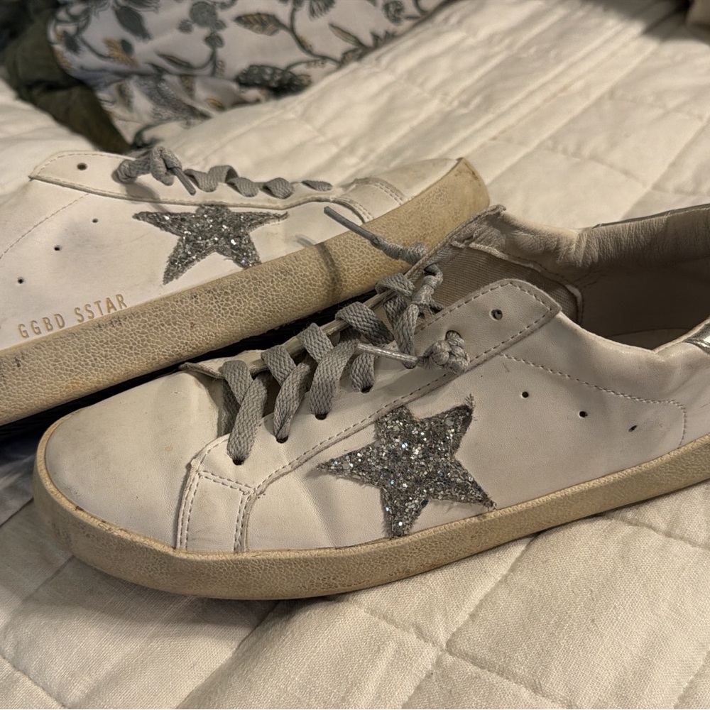 Golden Goose like Women's Cream Sneakers with Glitter Silver Star